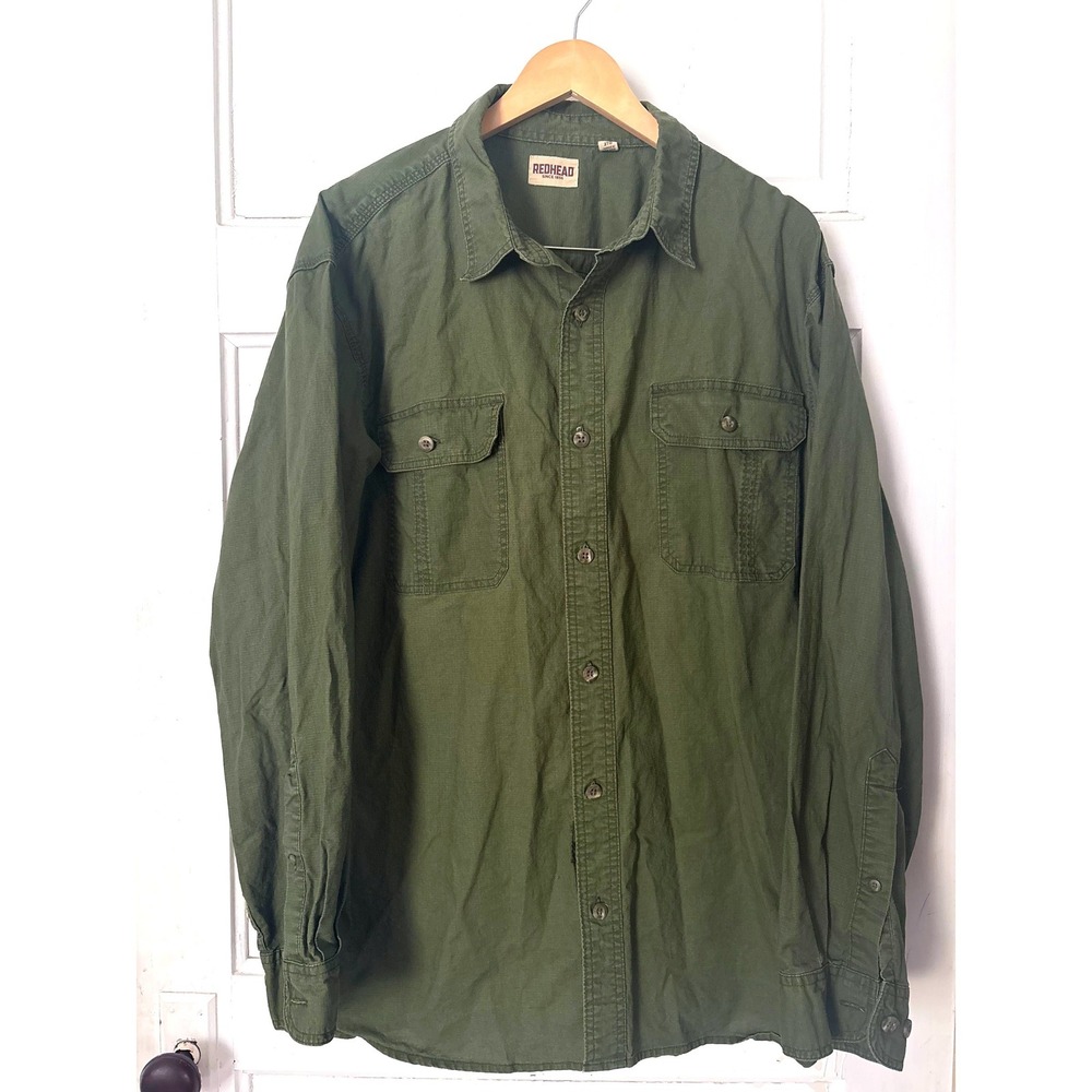 RedHead Mens 2XL Olive Green Ripstop Cotton Long Sleeve Button Down Shirt
